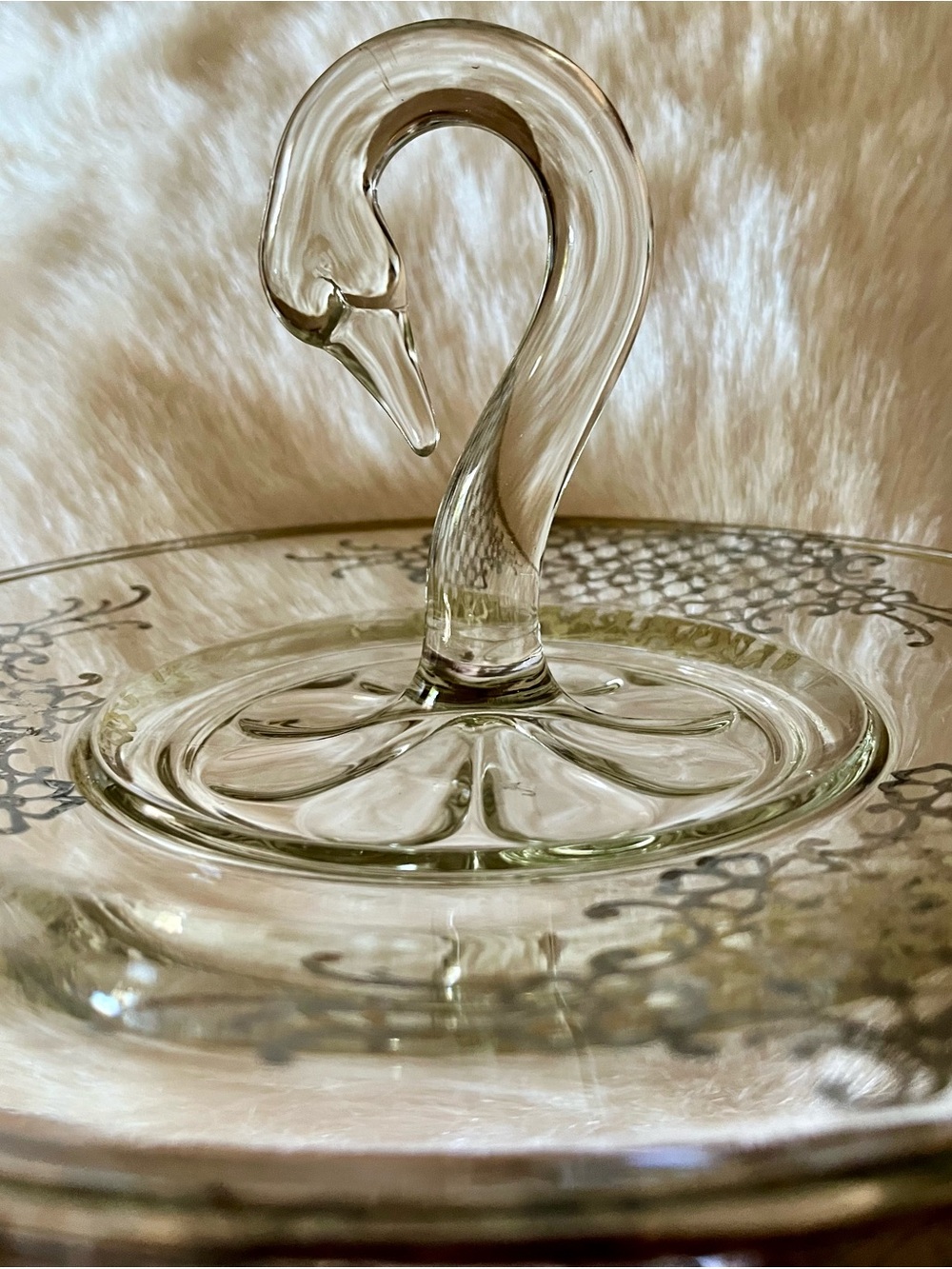 Vintage Clear Glass Swan Handle Serving Tray with Sterling Silver Floral Etching